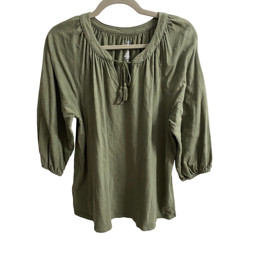 Croft & Barrow Olive Green Cotton Peasant Top Tassel Tie 3/4 Sleeve‎ PXL Petites